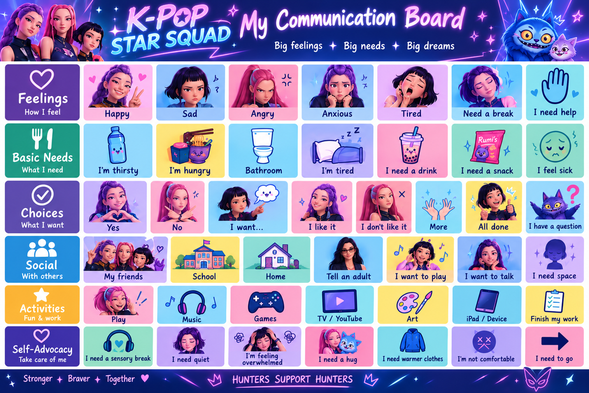 K-Pop Star Squad Communication Board, featuring 2 Digital Cards